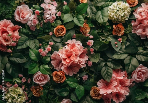 Floral Wall with Pink Flowers and Green Foliage