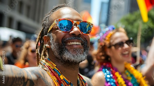 Happy Man with Dreadlocks and Colorful Necklace at Pride Parade