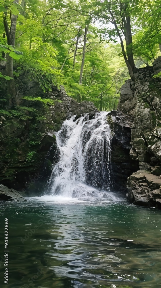 Fototapeta premium Deep forest waterfall hidden gem surrounded by ancient trees