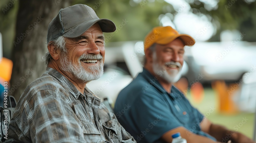 Happy Senior Man in Plaid Shirt and Cap Outdoors Happy Senior Man in Plaid Shirt and Cap Outdoors