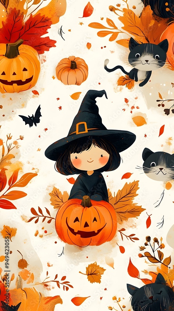 Whimsical Halloween Art with Little Witch - Cute Witch Surrounded by Pumpkins, Bats, and Autumn Leaves Whimsical Halloween Art with Little Witch - Cute Witch Surrounded by Pumpkins, Bats, and Autumn Leaves