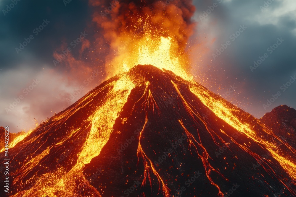 A towering active volcano spewing molten lava, with copy space A towering active volcano spewing molten lava, with copy space