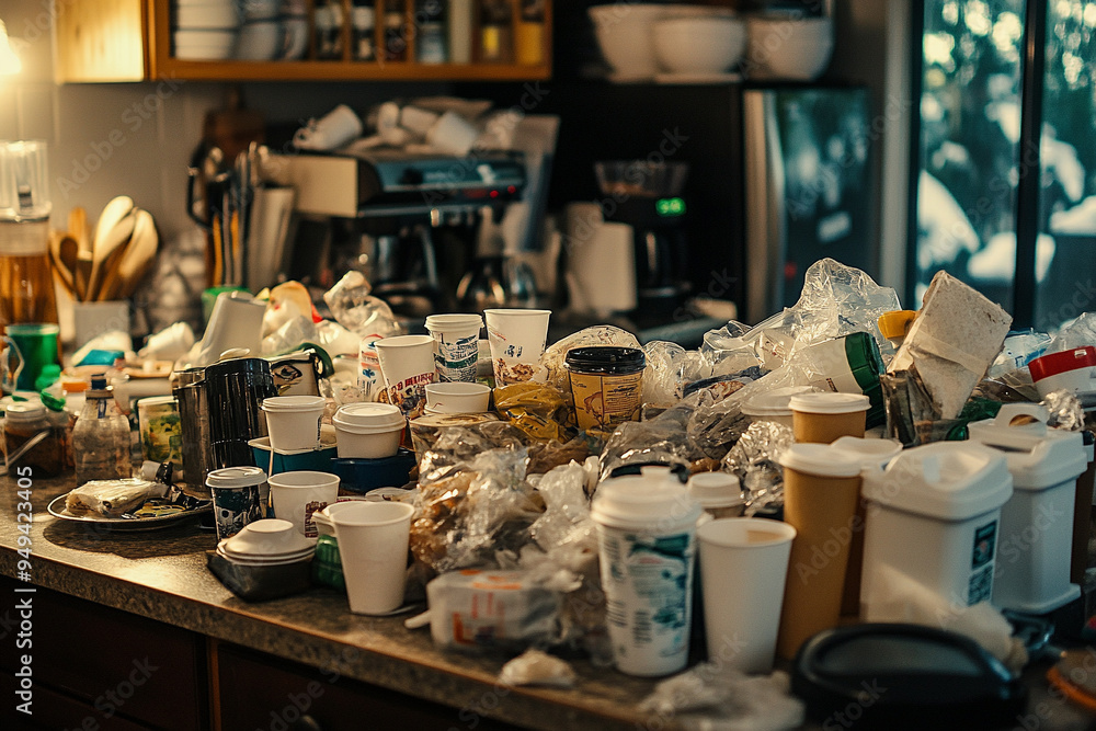 Lots of plastic waste, paper cups Impact of consumer waste in daily life Lots of plastic waste, paper cups Impact of consumer waste in daily life