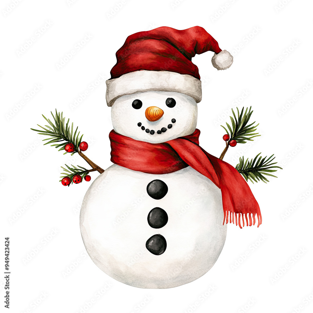 Cute snowman with red scarf and Santa hat, adorned with pine branches and red berries, perfect for holiday and Christmas themes. Cute snowman with red scarf and Santa hat, adorned with pine branches and red berries, perfect for holiday and Christmas themes.