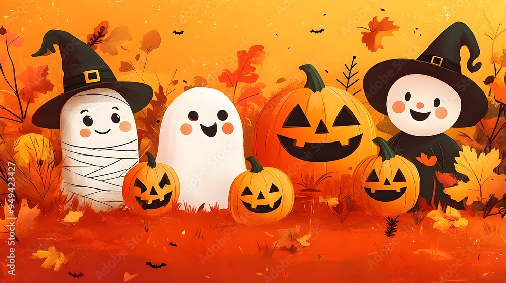 Charming Halloween Characters in Vibrant Autumn Setting with Playful Pumpkins and Costumed Friends Charming Halloween Characters in Vibrant Autumn Setting with Playful Pumpkins and Costumed Friends