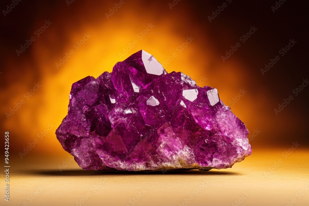 A stunning ruby crystal featuring vibrant purple hues, set against a warm, glowing background, perfect for decoration or jewelry design. A stunning ruby crystal featuring vibrant purple hues, set against a warm, glowing background, perfect for decoration or jewelry design.