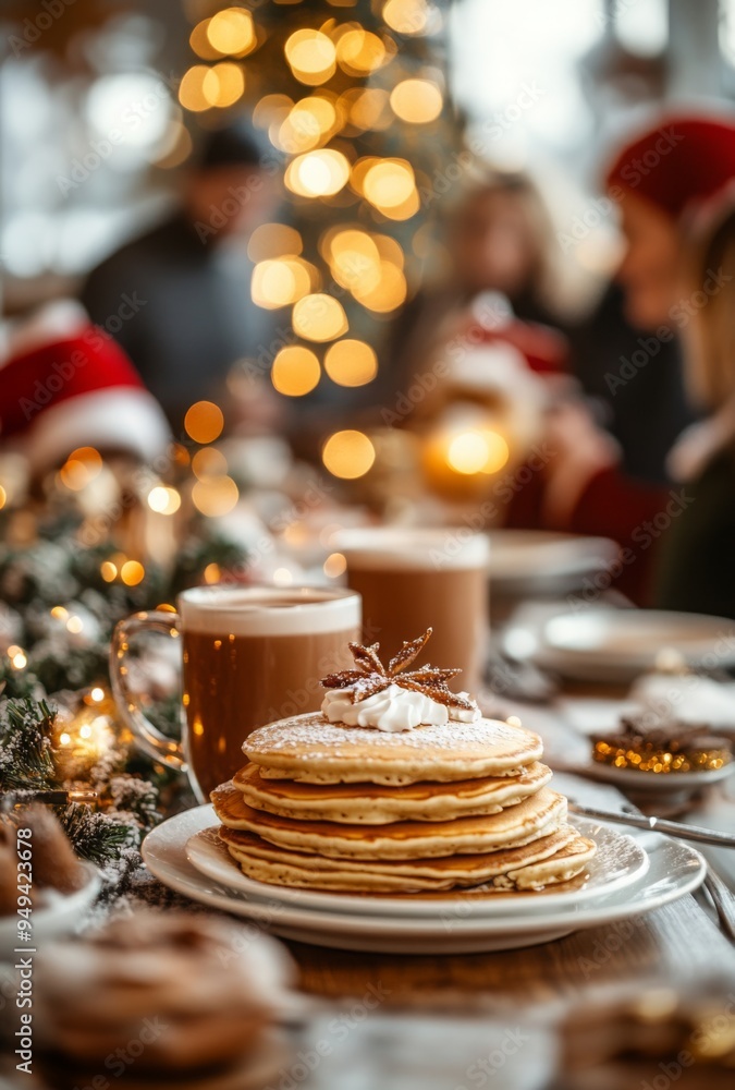 A beautifully set Christmas breakfast table with pancakes and hot cocoa, blurred people gathering around in the background A beautifully set Christmas breakfast table with pancakes and hot cocoa, blurred people gathering around in the background