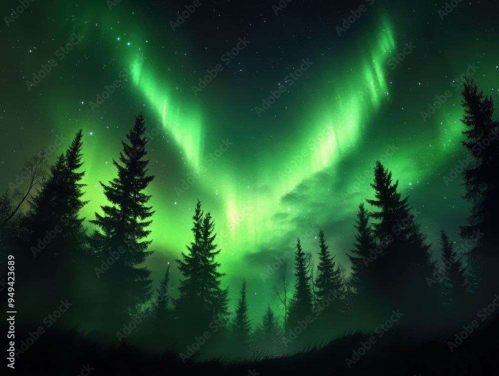 A stunning view of the aurora borealis illuminating the night sky over a dense forest, creating a magical atmosphere. A stunning view of the aurora borealis illuminating the night sky over a dense forest, creating a magical atmosphere.