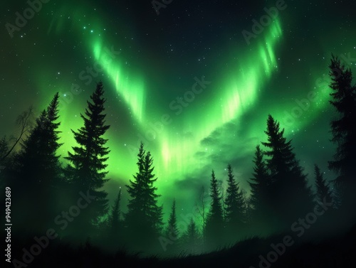 A stunning view of the aurora borealis illuminating the night sky over a dense forest, creating a magical atmosphere.