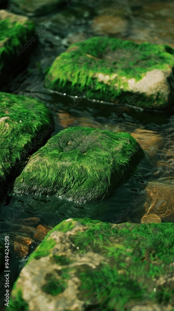 Moss-covered stones in a serene creek clear water trickling Moss-covered stones in a serene creek clear water trickling