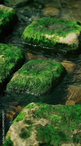 Moss-covered stones in a serene creek clear water trickling