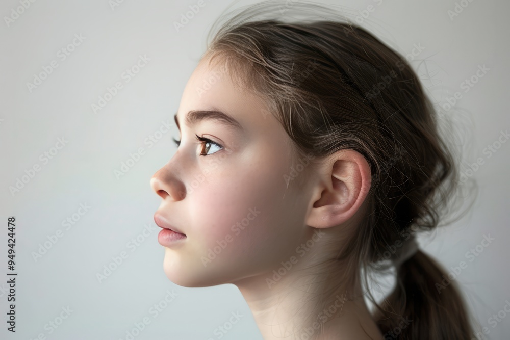 Fototapeta premium A girl with long brown hair and a pinkish face