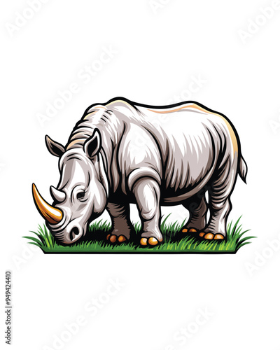 A detailed illustration of a Northern White Rhino standing on green grass with a white background. photo