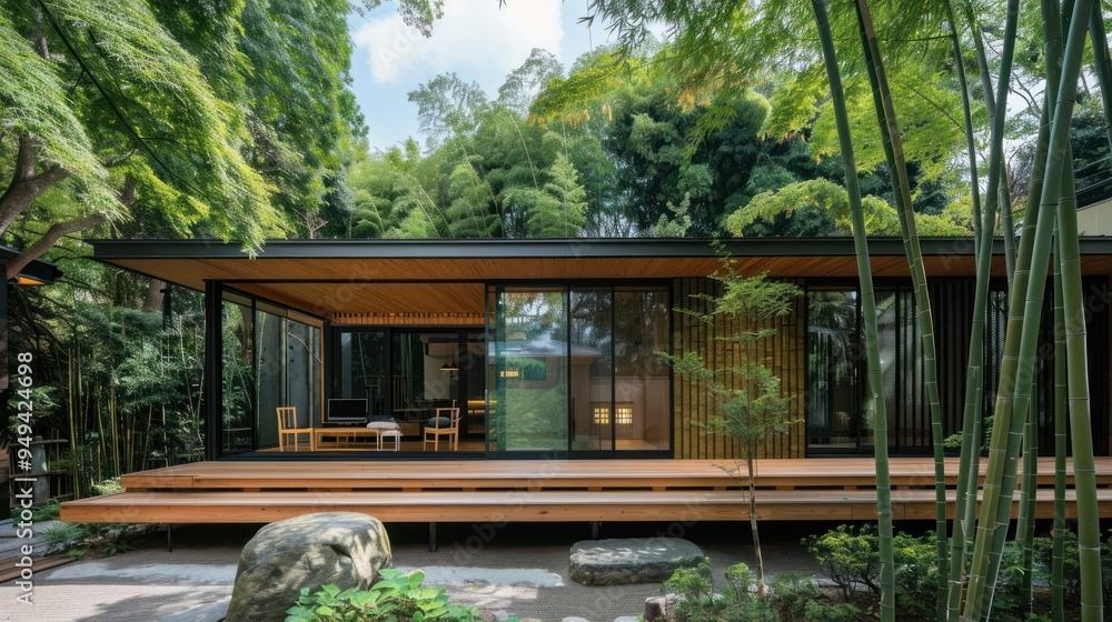 Small house in the middle of a bamboo garden. AI generated images Small house in the middle of a bamboo garden. AI generated images