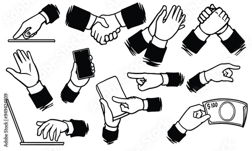 Hands gesture vector illustration in different poses. Doodle cartoon drawing set.