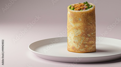 A Rolled Omelette Filled with Vegetables and Rice on a White Plate photo