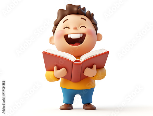 3D cartoon character singing hymns with a joyful expression, holding a hymn book photo