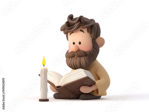 3D cartoon character reading morning scriptures with a candle lit, preparing for the day in worship photo