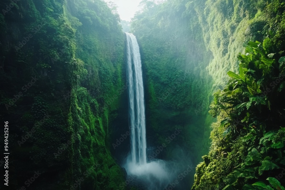 A towering waterfall cascading through a lush verdant, with copy space A towering waterfall cascading through a lush verdant, with copy space