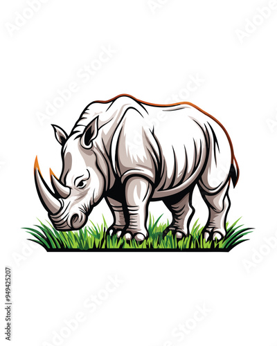 A detailed illustration of a Northern White Rhino standing in tall green grass, facing the left side of the image. photo