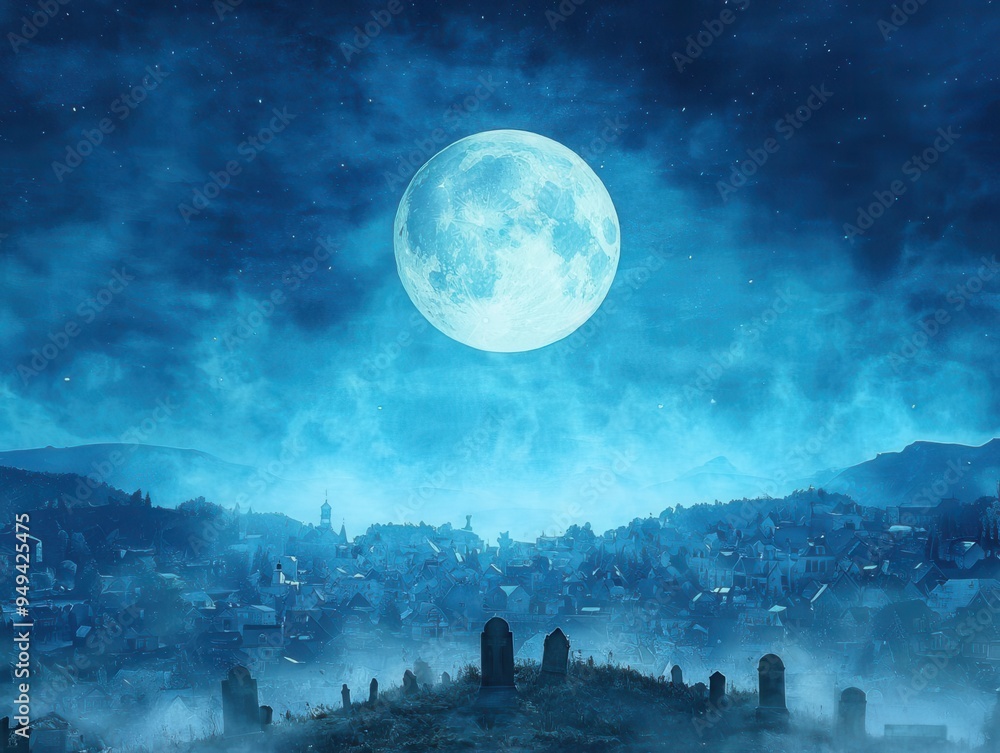 A misty, moonlit graveyard on a hill, with crumbling tombstones and ghostly figures rising from the ground, evoking the eerie atmosphere of Halloween, with ample space for text A misty, moonlit graveyard on a hill, with crumbling tombstones and ghostly figures rising from the ground, evoking the eerie atmosphere of Halloween, with ample space for text
