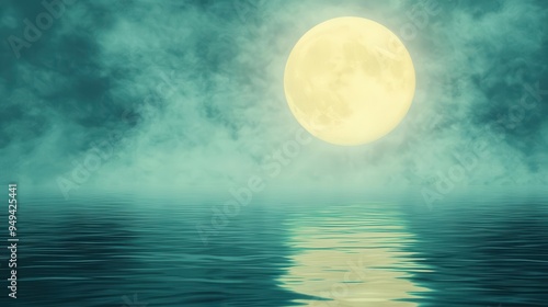 A misty, moonlit swamp with eerie willothewisps dancing above the water, creating a haunting Halloween landscape, with ample space for text photo