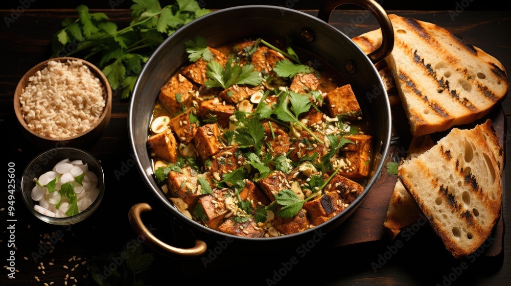 Chicken karahi korma masala with bread served in karahi isolated on table Chicken karahi korma masala with bread served in karahi isolated on table