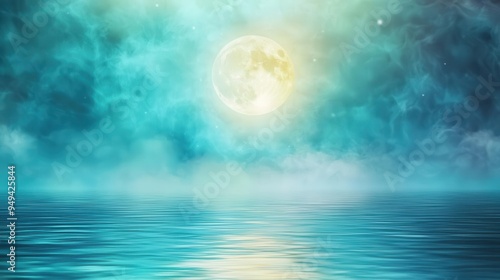 A tranquil lake reflecting a full moon, with ghostly apparitions hovering above the water s surface, creating a chilling Halloween landscape, with space for text photo