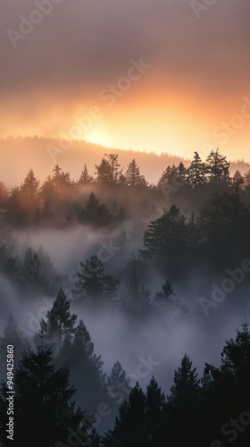 Sunrise peeking through a dense fog at a pine forest