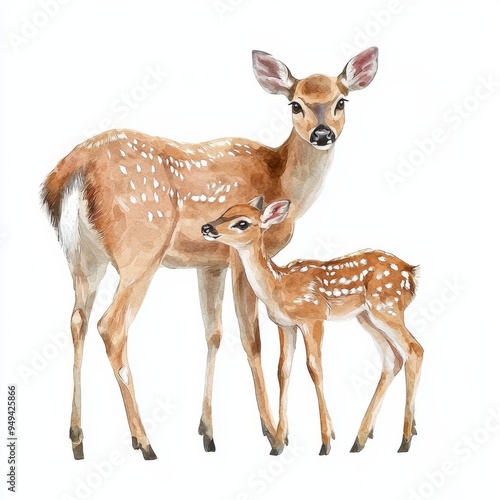 watercolor painting of a deer with its fawn, on isolated white background