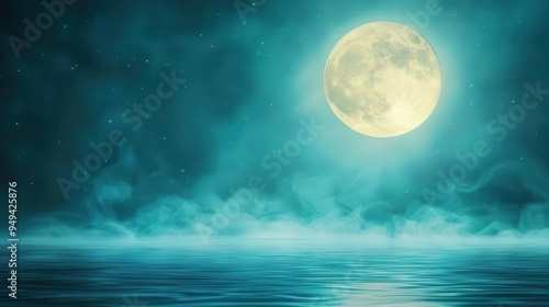 A tranquil lake reflecting a full moon, with ghostly apparitions hovering above the water s surface, creating a chilling Halloween landscape, with space for text photo