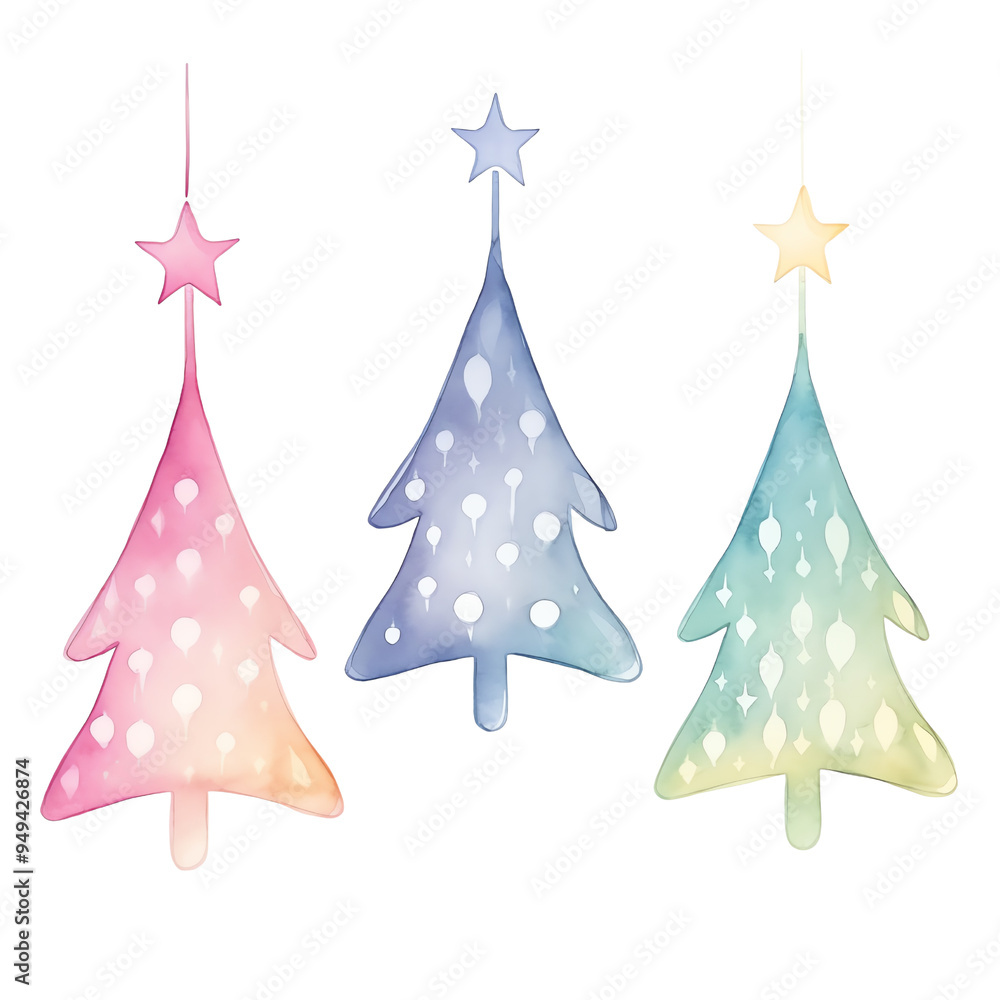 Obraz premium Set of three pastel-colored Christmas tree ornaments with star toppers, isolated on white background, ideal for holiday-themed designs.