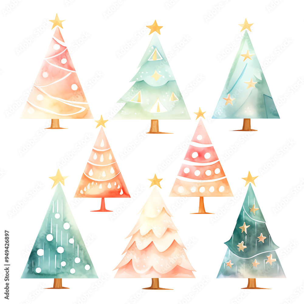 Obraz premium Collection of watercolor Christmas trees, festive decorations, hand-painted holiday trees, colorful designs, seasonal art, digital illustration