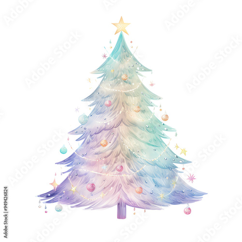 Beautifully decorated pastel Christmas tree illustration with lights and ornaments, perfect for festive holiday design and celebration themes.