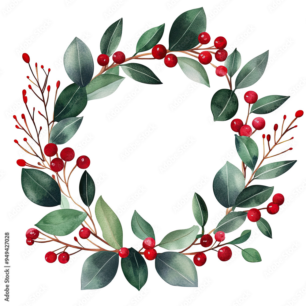 Festive holiday wreath with green leaves and red berries, perfect for Christmas decoration and seasonal designs. Festive holiday wreath with green leaves and red berries, perfect for Christmas decoration and seasonal designs.