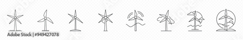 Wind turbine icons set , wind power icon set. wind power vector glyph illustartion. Wind Mill Farm Electric Power Line and Silhouette Icon Color Set. Eco Renewable Energy. Windmill