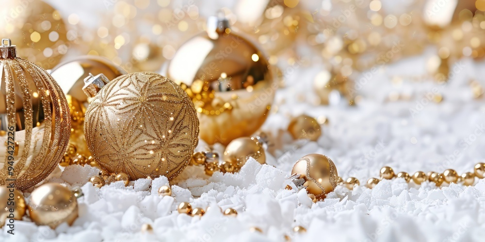 Gold Christmas decorations on a white background, creating a festive and elegant look.