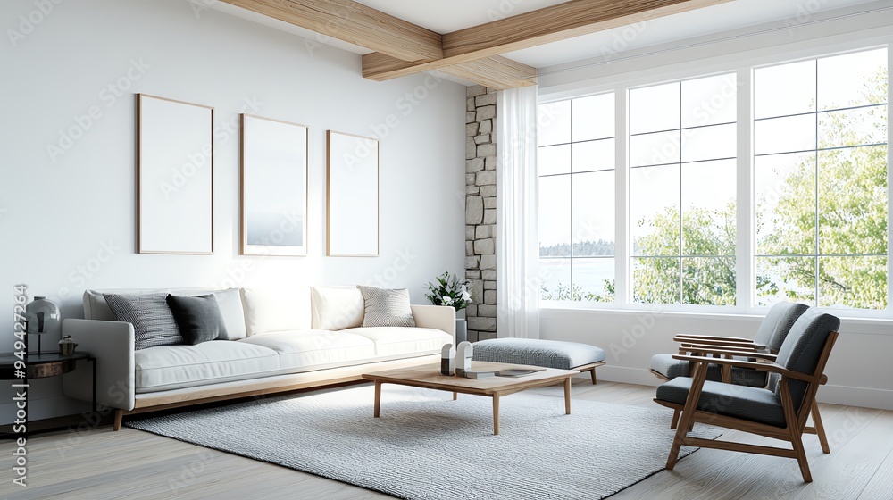 Fototapeta premium Bright and modern living room interior with large windows, comfortable seating, and minimalist decor in natural tones.