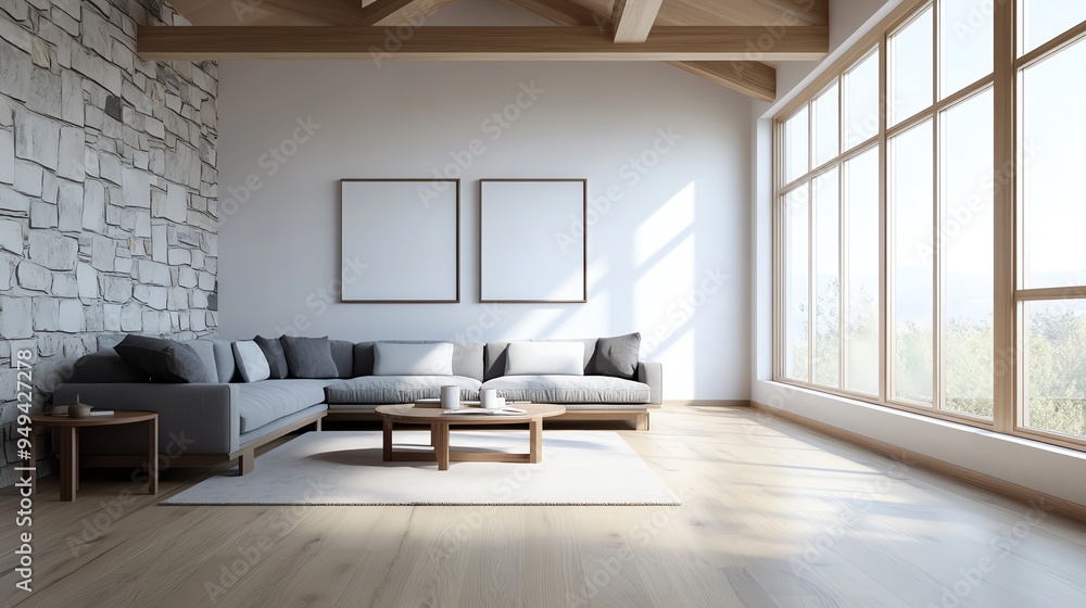 Bright and modern living room with a large gray sofa, wooden floor, and natural light streaming through big windows, featuring minimalist decor. Bright and modern living room with a large gray sofa, wooden floor, and natural light streaming through big windows, featuring minimalist decor.
