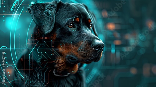 Rottweiler in a park with holographic training equipment, Futuristic, Bright colors, Digital Art, Technologyintegrated park background photo