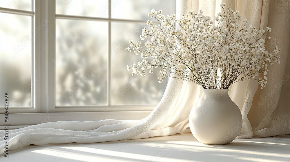 A white vase with white flowers sits on a table next to a window A white vase with white flowers sits on a table next to a window