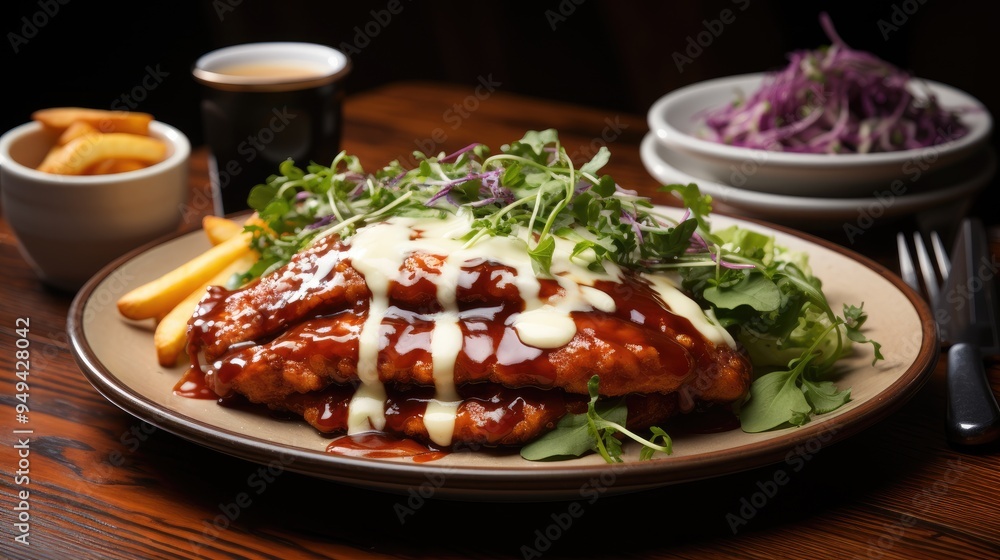 chicken schnitzel Parmigiana with melted cheese served with chips and salad on a white plate chicken schnitzel Parmigiana with melted cheese served with chips and salad on a white plate