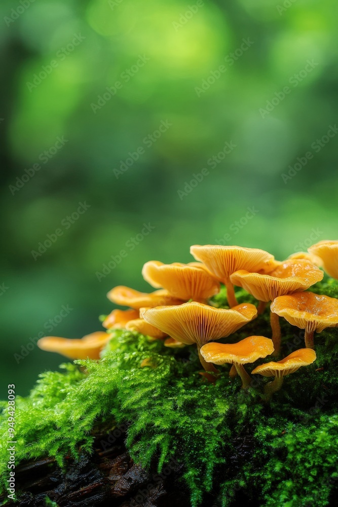 Vibrant orange mushrooms growing on lush green moss, creating a captivating natural scene in a serene forest environment. Vibrant orange mushrooms growing on lush green moss, creating a captivating natural scene in a serene forest environment.