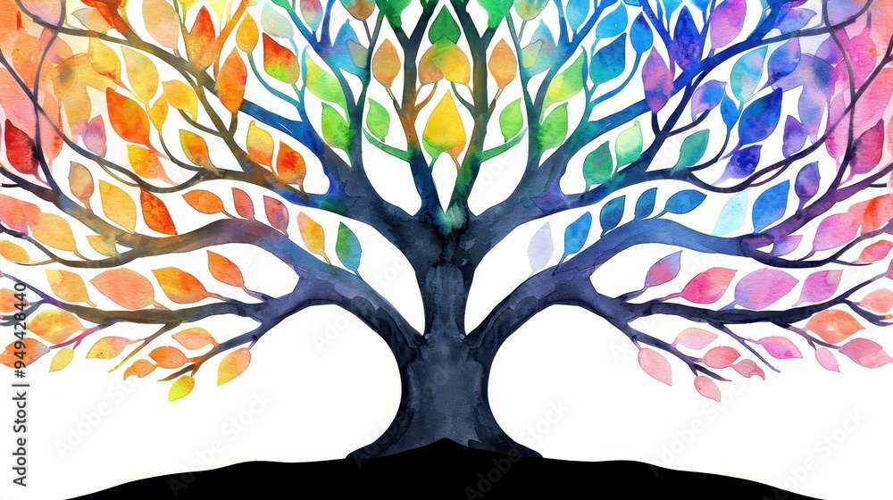 Obraz premium Vibrant rainbowcolored tree painted with watercolor on a clean white background, capturing natures beauty in art.