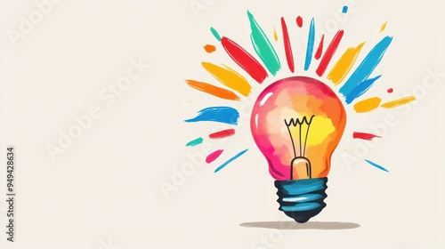 A vibrant cartoon light bulb radiates colorful rays, symbolizing bright ideas. Clean lines with a white background.