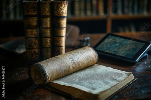 Wallpaper Mural ancient scroll next to e-reader, with copy space Torontodigital.ca