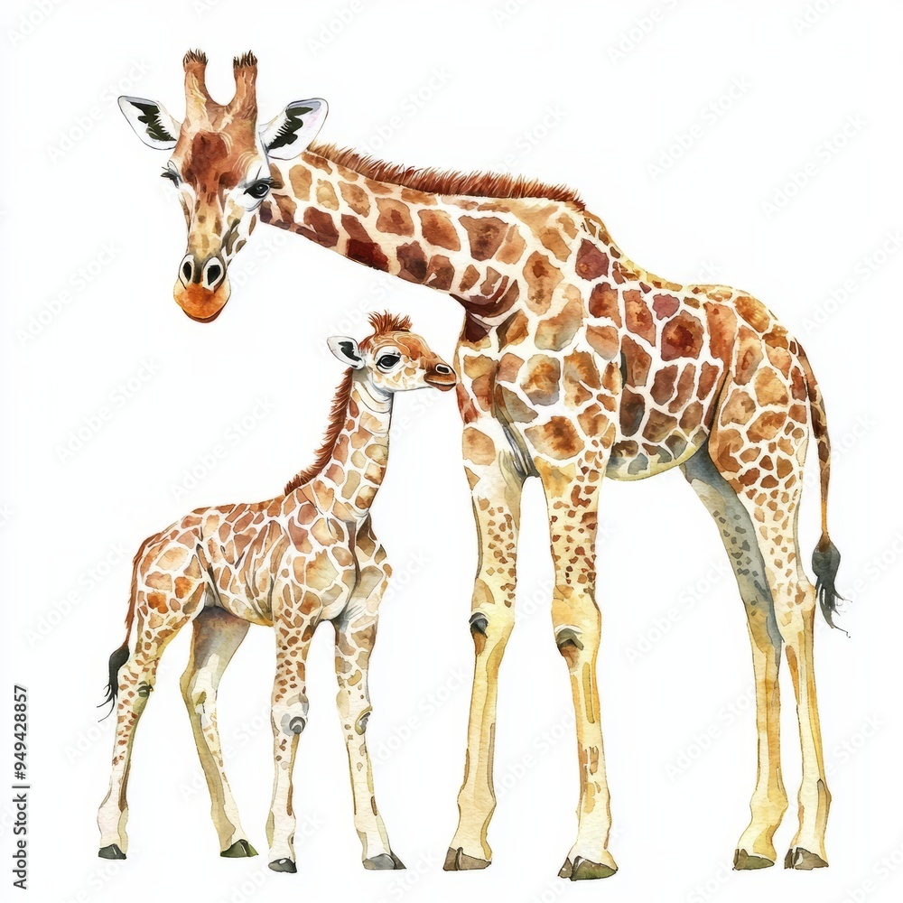 Fototapeta premium watercolor painting of a giraffe with its calf, on isolated white background