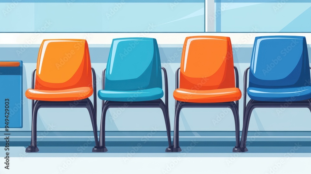 Obraz premium A vibrant, cartoonstyle image showcasing empty stadium seats, highlighting a sense of quiet and anticipation in a modern design.