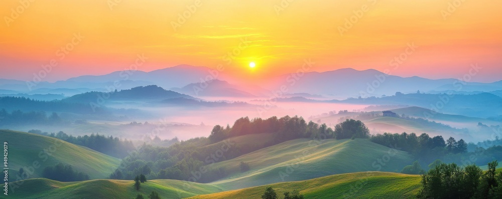 Serene Sunrise: Morning Fog Blanketing Rolling Hills in Warm Glow of Dawn Serene Sunrise: Morning Fog Blanketing Rolling Hills in Warm Glow of Dawn