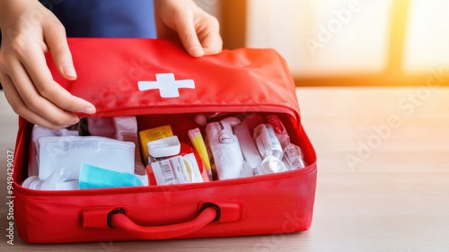 A vibrant red first aid kit being opened, revealing various medical supplies for emergency care and health safety. photo